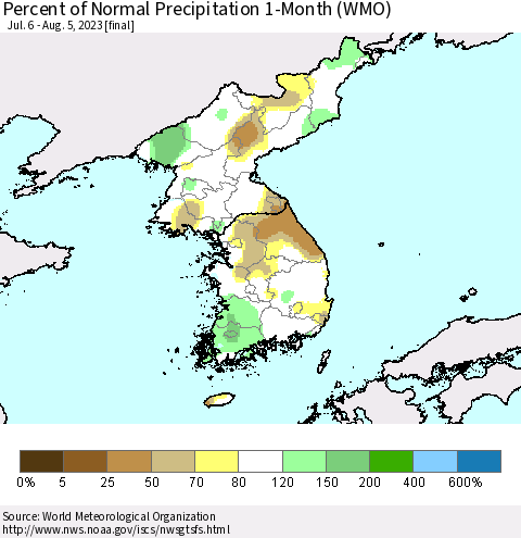 Korea Percent of Normal Precipitation 1-Month (WMO) Thematic Map For 7/6/2023 - 8/5/2023