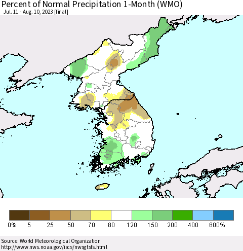 Korea Percent of Normal Precipitation 1-Month (WMO) Thematic Map For 7/11/2023 - 8/10/2023