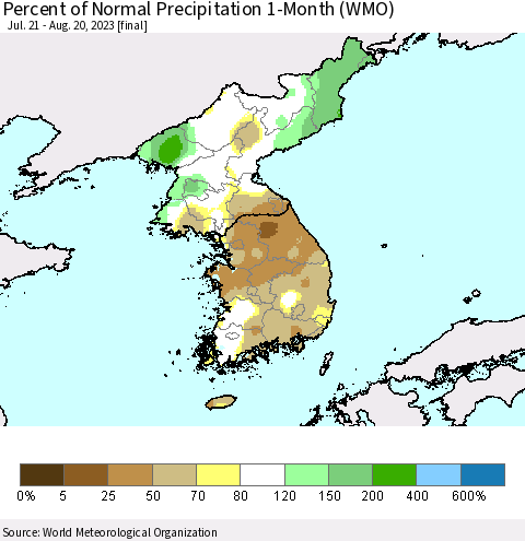 Korea Percent of Normal Precipitation 1-Month (WMO) Thematic Map For 7/21/2023 - 8/20/2023