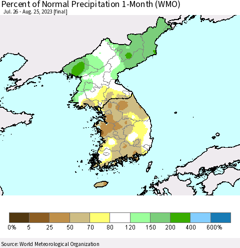 Korea Percent of Normal Precipitation 1-Month (WMO) Thematic Map For 7/26/2023 - 8/25/2023
