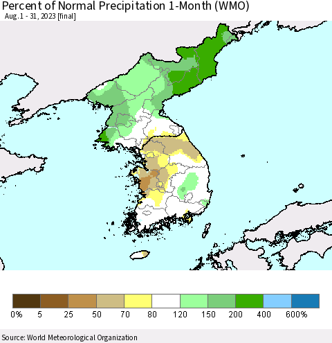 Korea Percent of Normal Precipitation 1-Month (WMO) Thematic Map For 8/1/2023 - 8/31/2023