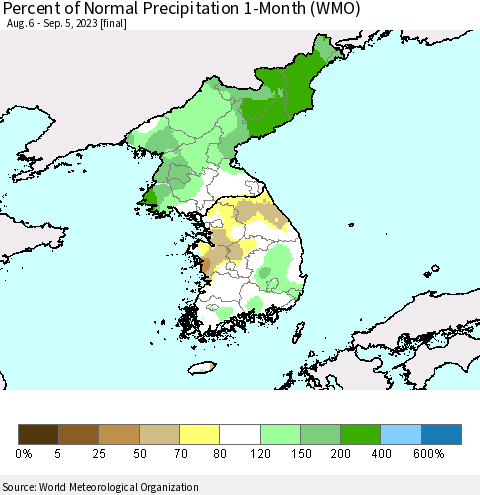 Korea Percent of Normal Precipitation 1-Month (WMO) Thematic Map For 8/6/2023 - 9/5/2023