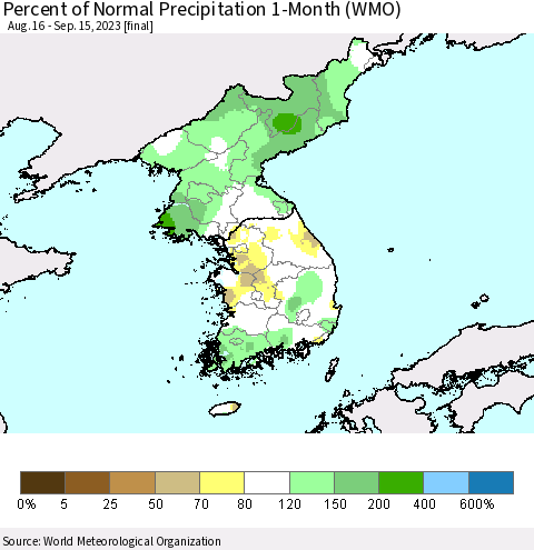 Korea Percent of Normal Precipitation 1-Month (WMO) Thematic Map For 8/16/2023 - 9/15/2023