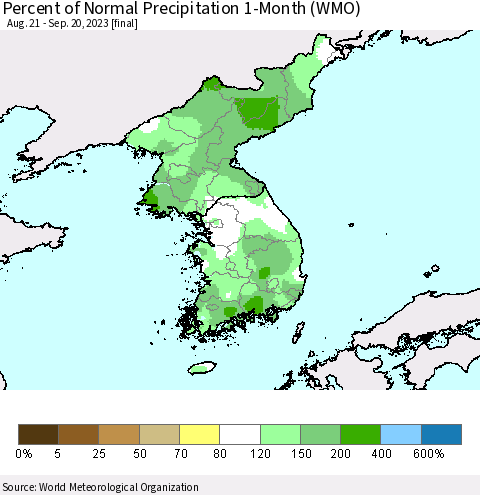 Korea Percent of Normal Precipitation 1-Month (WMO) Thematic Map For 8/21/2023 - 9/20/2023