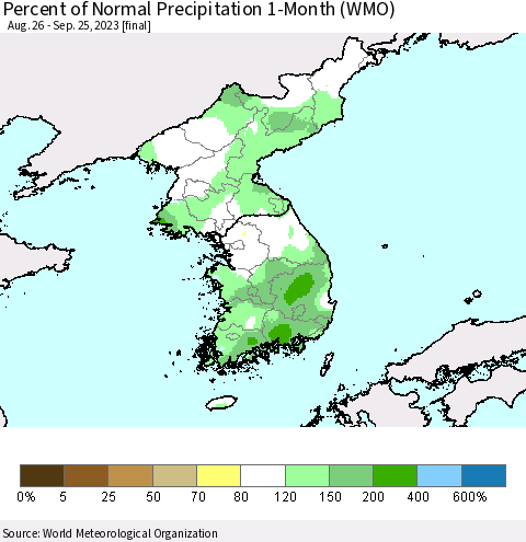 Korea Percent of Normal Precipitation 1-Month (WMO) Thematic Map For 8/26/2023 - 9/25/2023