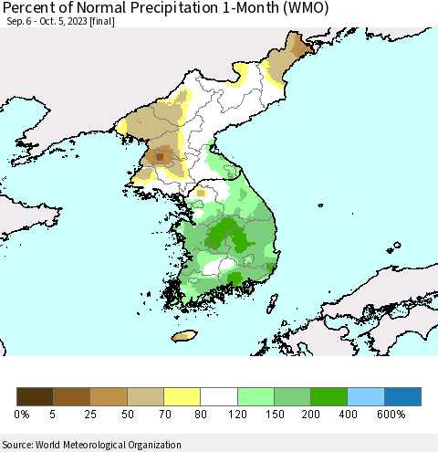 Korea Percent of Normal Precipitation 1-Month (WMO) Thematic Map For 9/6/2023 - 10/5/2023