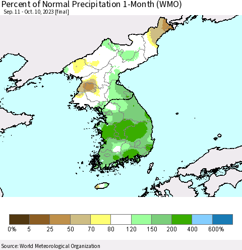 Korea Percent of Normal Precipitation 1-Month (WMO) Thematic Map For 9/11/2023 - 10/10/2023