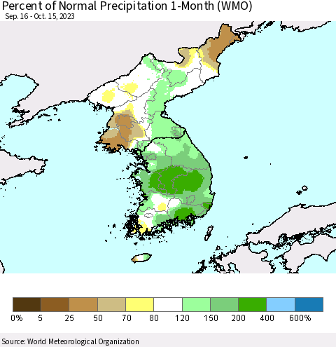 Korea Percent of Normal Precipitation 1-Month (WMO) Thematic Map For 9/16/2023 - 10/15/2023