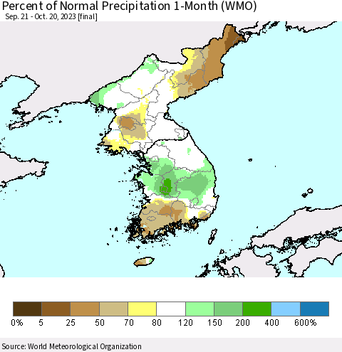 Korea Percent of Normal Precipitation 1-Month (WMO) Thematic Map For 9/21/2023 - 10/20/2023