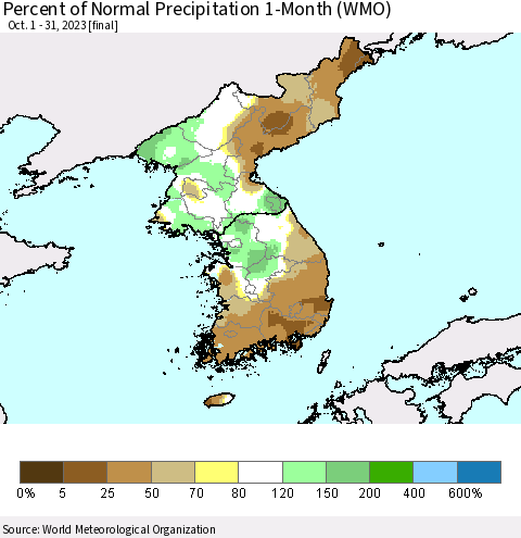 Korea Percent of Normal Precipitation 1-Month (WMO) Thematic Map For 10/1/2023 - 10/31/2023