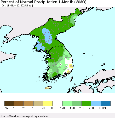 Korea Percent of Normal Precipitation 1-Month (WMO) Thematic Map For 10/11/2023 - 11/10/2023