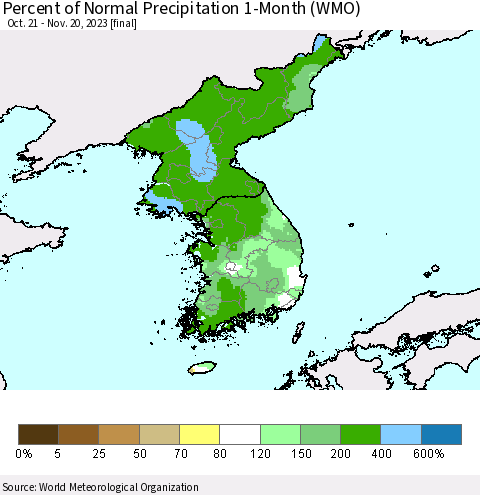Korea Percent of Normal Precipitation 1-Month (WMO) Thematic Map For 10/21/2023 - 11/20/2023