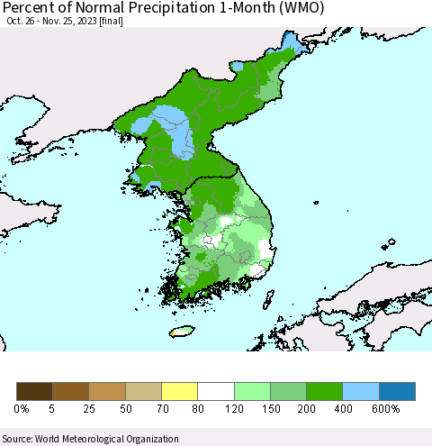 Korea Percent of Normal Precipitation 1-Month (WMO) Thematic Map For 10/26/2023 - 11/25/2023