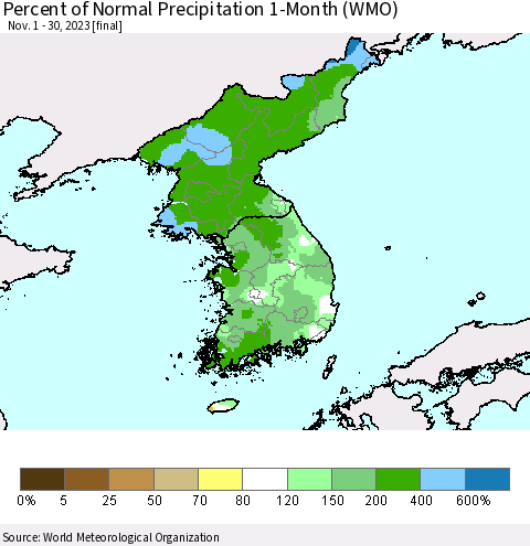 Korea Percent of Normal Precipitation 1-Month (WMO) Thematic Map For 11/1/2023 - 11/30/2023