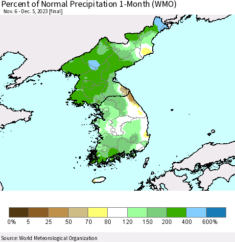 Korea Percent of Normal Precipitation 1-Month (WMO) Thematic Map For 11/6/2023 - 12/5/2023