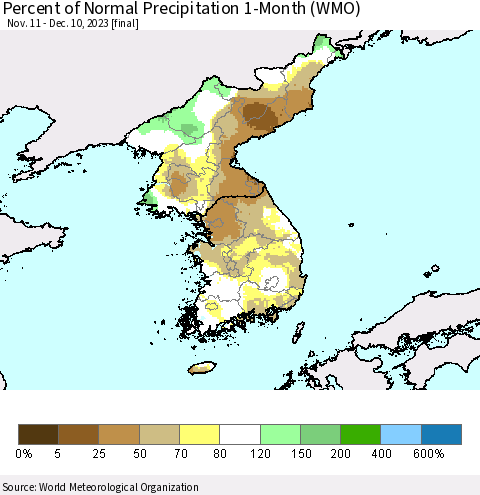 Korea Percent of Normal Precipitation 1-Month (WMO) Thematic Map For 11/11/2023 - 12/10/2023