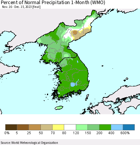 Korea Percent of Normal Precipitation 1-Month (WMO) Thematic Map For 11/16/2023 - 12/15/2023