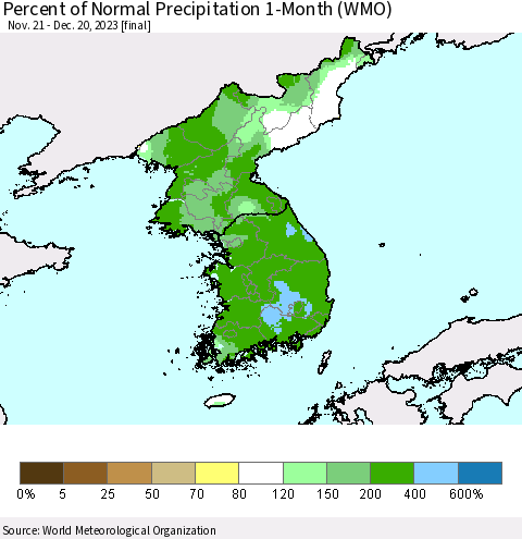 Korea Percent of Normal Precipitation 1-Month (WMO) Thematic Map For 11/21/2023 - 12/20/2023