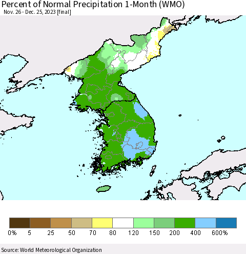 Korea Percent of Normal Precipitation 1-Month (WMO) Thematic Map For 11/26/2023 - 12/25/2023
