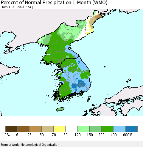 Korea Percent of Normal Precipitation 1-Month (WMO) Thematic Map For 12/1/2023 - 12/31/2023