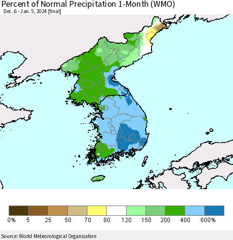 Korea Percent of Normal Precipitation 1-Month (WMO) Thematic Map For 12/6/2023 - 1/5/2024