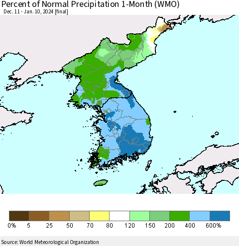 Korea Percent of Normal Precipitation 1-Month (WMO) Thematic Map For 12/11/2023 - 1/10/2024