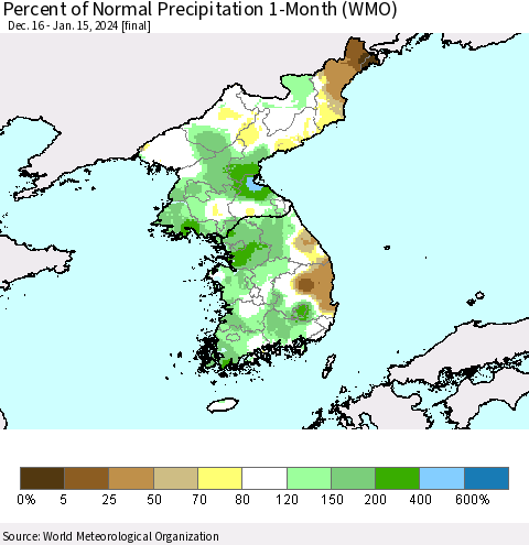 Korea Percent of Normal Precipitation 1-Month (WMO) Thematic Map For 12/16/2023 - 1/15/2024
