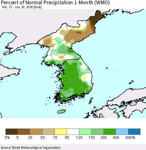 Korea Percent of Normal Precipitation 1-Month (WMO) Thematic Map For 12/21/2023 - 1/20/2024