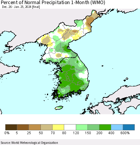 Korea Percent of Normal Precipitation 1-Month (WMO) Thematic Map For 12/26/2023 - 1/25/2024