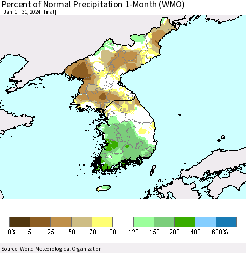 Korea Percent of Normal Precipitation 1-Month (WMO) Thematic Map For 1/1/2024 - 1/31/2024