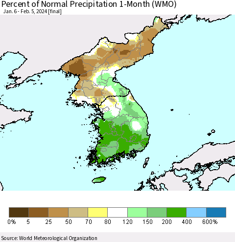 Korea Percent of Normal Precipitation 1-Month (WMO) Thematic Map For 1/6/2024 - 2/5/2024