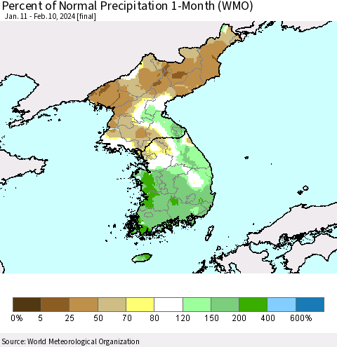 Korea Percent of Normal Precipitation 1-Month (WMO) Thematic Map For 1/11/2024 - 2/10/2024