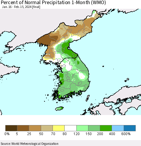 Korea Percent of Normal Precipitation 1-Month (WMO) Thematic Map For 1/16/2024 - 2/15/2024