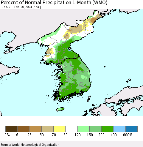 Korea Percent of Normal Precipitation 1-Month (WMO) Thematic Map For 1/21/2024 - 2/20/2024