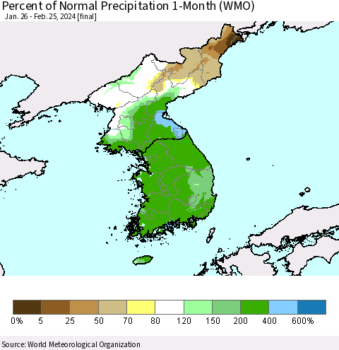 Korea Percent of Normal Precipitation 1-Month (WMO) Thematic Map For 1/26/2024 - 2/25/2024
