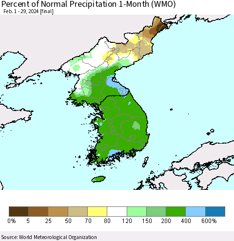 Korea Percent of Normal Precipitation 1-Month (WMO) Thematic Map For 2/1/2024 - 2/29/2024
