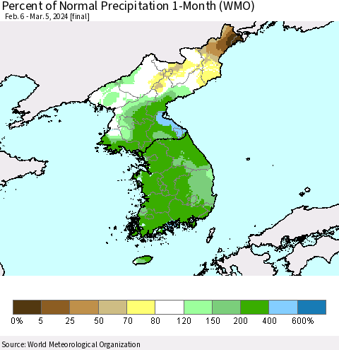 Korea Percent of Normal Precipitation 1-Month (WMO) Thematic Map For 2/6/2024 - 3/5/2024