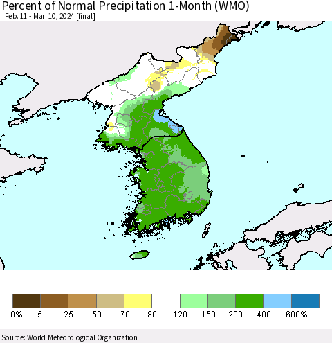 Korea Percent of Normal Precipitation 1-Month (WMO) Thematic Map For 2/11/2024 - 3/10/2024