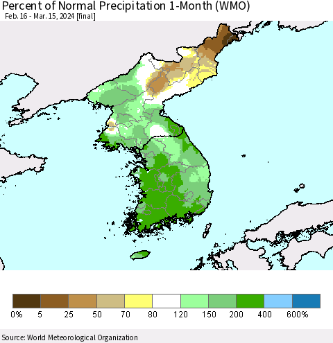 Korea Percent of Normal Precipitation 1-Month (WMO) Thematic Map For 2/16/2024 - 3/15/2024