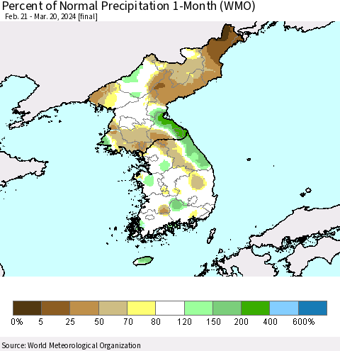 Korea Percent of Normal Precipitation 1-Month (WMO) Thematic Map For 2/21/2024 - 3/20/2024