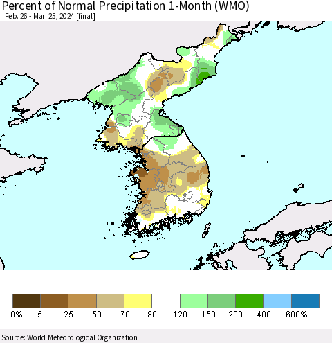 Korea Percent of Normal Precipitation 1-Month (WMO) Thematic Map For 2/26/2024 - 3/25/2024