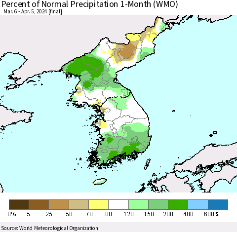 Korea Percent of Normal Precipitation 1-Month (WMO) Thematic Map For 3/6/2024 - 4/5/2024