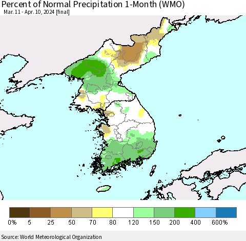 Korea Percent of Normal Precipitation 1-Month (WMO) Thematic Map For 3/11/2024 - 4/10/2024