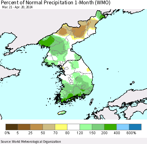 Korea Percent of Normal Precipitation 1-Month (WMO) Thematic Map For 3/21/2024 - 4/20/2024