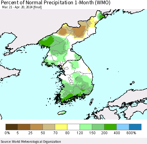 Korea Percent of Normal Precipitation 1-Month (WMO) Thematic Map For 3/21/2024 - 4/20/2024