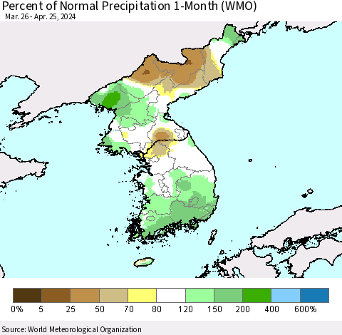 Korea Percent of Normal Precipitation 1-Month (WMO) Thematic Map For 3/26/2024 - 4/25/2024