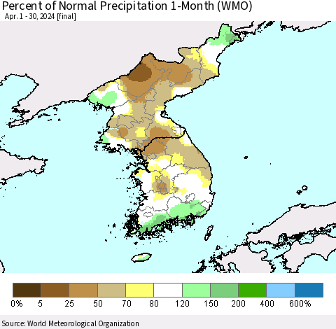 Korea Percent of Normal Precipitation 1-Month (WMO) Thematic Map For 4/1/2024 - 4/30/2024