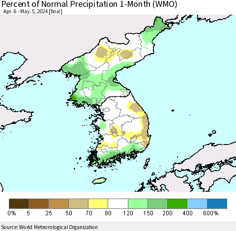 Korea Percent of Normal Precipitation 1-Month (WMO) Thematic Map For 4/6/2024 - 5/5/2024