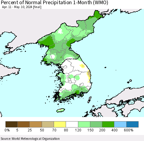 Korea Percent of Normal Precipitation 1-Month (WMO) Thematic Map For 4/11/2024 - 5/10/2024
