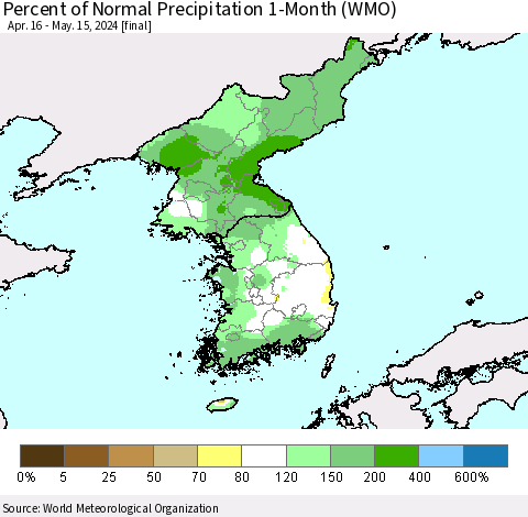 Korea Percent of Normal Precipitation 1-Month (WMO) Thematic Map For 4/16/2024 - 5/15/2024